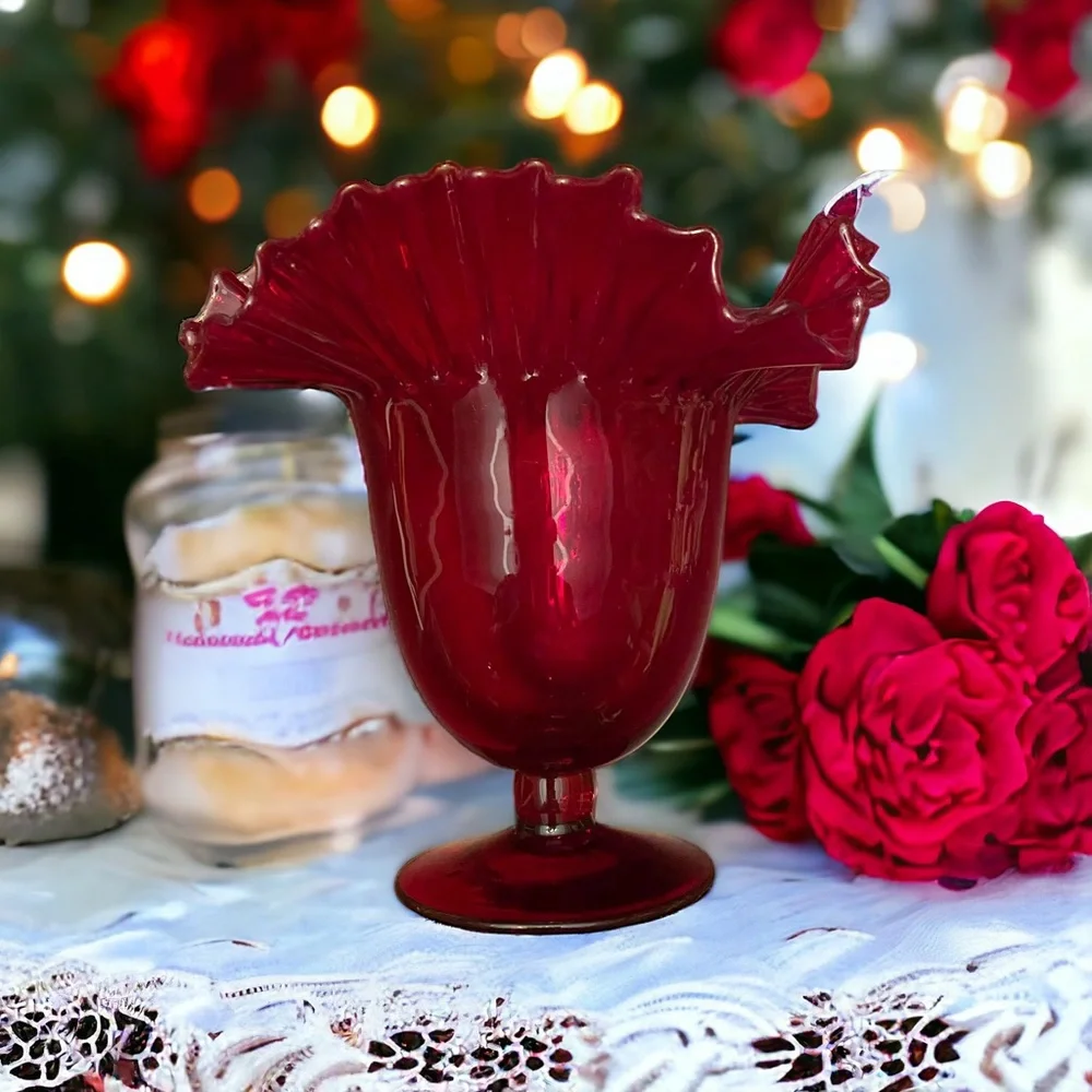 VTG Blenko #388 Ruby Red Art Glass Ruffled Pedestal Vase Mid Century Modern MCM